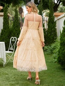 Simplee Lantern Sleeve Layered Ruffle Hem Lace Party Dress - Apricot - View 2