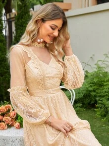 Simplee Lantern Sleeve Layered Ruffle Hem Lace Party Dress - Apricot - View 4
