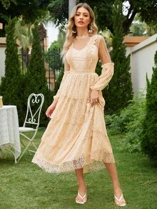 Simplee Lantern Sleeve Layered Ruffle Hem Lace Party Dress - Apricot - View 5