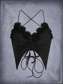 ROMWE Goth Appliques Drawstring Front Tie Backless Cami Top - Black - View 1