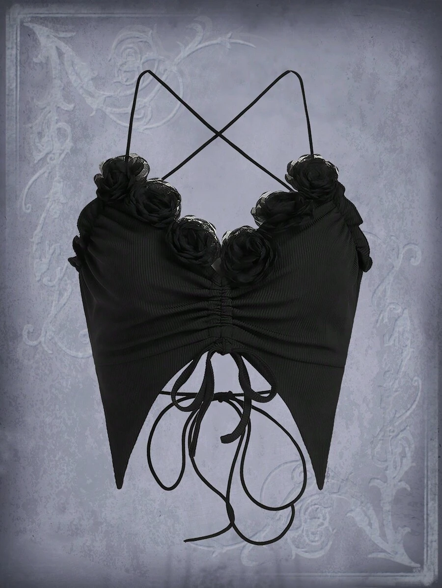 ROMWE Goth Appliques Drawstring Front Tie Backless Cami Top - Black - View 1