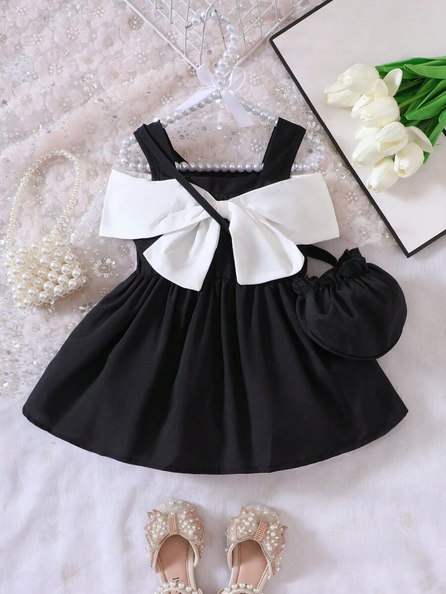 Đầm em bé Nơ trước Khối Màu - Đen và trắng - Xem 1