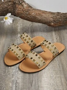 Xăng đan đế bằng hai phần trang trí đính đá cho nữ, Xăng đan kaki trượt thời trang cho mùa hè - Màu Khaki - Xem 6