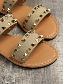 Xăng đan đế bằng hai phần trang trí đính đá cho nữ, Xăng đan kaki trượt thời trang cho mùa hè - Màu Khaki - Xem 7