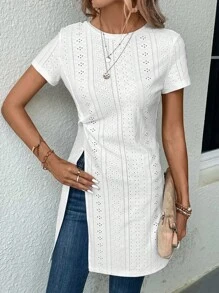 SHEIN LUNE Eyelet Embroidery Split Hem Tee - White - View 4