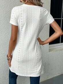 SHEIN LUNE Eyelet Embroidery Split Hem Tee - White - View 2