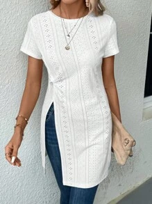 SHEIN LUNE Eyelet Embroidery Split Hem Tee - White - View 3