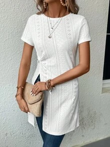 SHEIN LUNE Eyelet Embroidery Split Hem Tee - White - View 5
