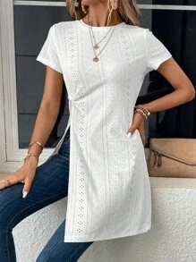SHEIN LUNE Eyelet Embroidery Split Hem Tee - White - View 6