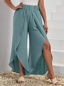 EMERY ROSE Plus Tulip Hem Wide Leg Trousers - Teal Blue - View 1