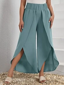 EMERY ROSE Plus Tulip Hem Wide Leg Trousers - Teal Blue - View 5