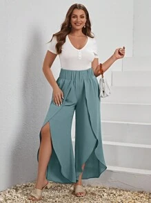 EMERY ROSE Plus Tulip Hem Wide Leg Trousers - Teal Blue - View 6