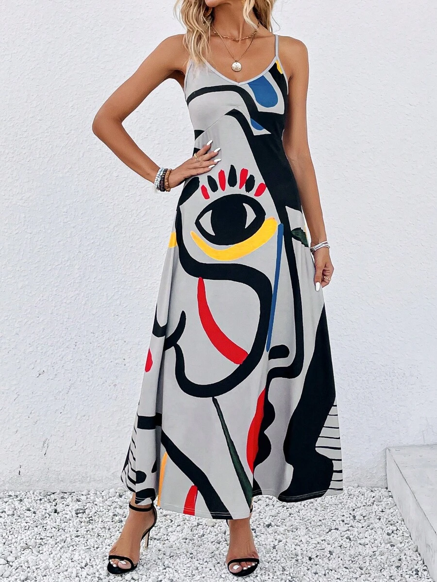 SHEIN LUNE 圖案印花吊帶連衣裙 - 灰色 - 查看 1