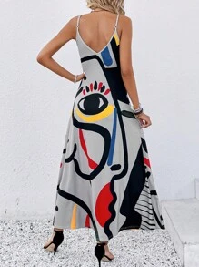 SHEIN LUNE 圖案印花吊帶連衣裙 - 灰色 - 查看 2