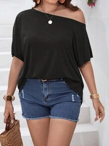 SHEIN LUNE 大碼素色蝙蝠袖不對稱領T恤 - 黑色 - 查看 4