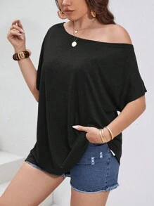 SHEIN LUNE 大碼素色蝙蝠袖不對稱領T恤 - 黑色 - 查看 5