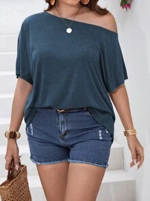 SHEIN LUNE 大碼素色蝙蝠袖T恤 - 藏蓝色 - 查看 5