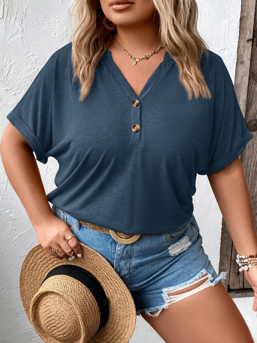 SHEIN LUNE Áo thun Plus size Nút Nút phía trước Nút giả màu trơn Giải trí - Màu xanh hải quân - Xem 1