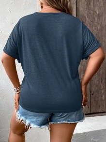 SHEIN LUNE Áo thun Plus size Nút Nút phía trước Nút giả màu trơn Giải trí - Màu xanh hải quân - Xem 2