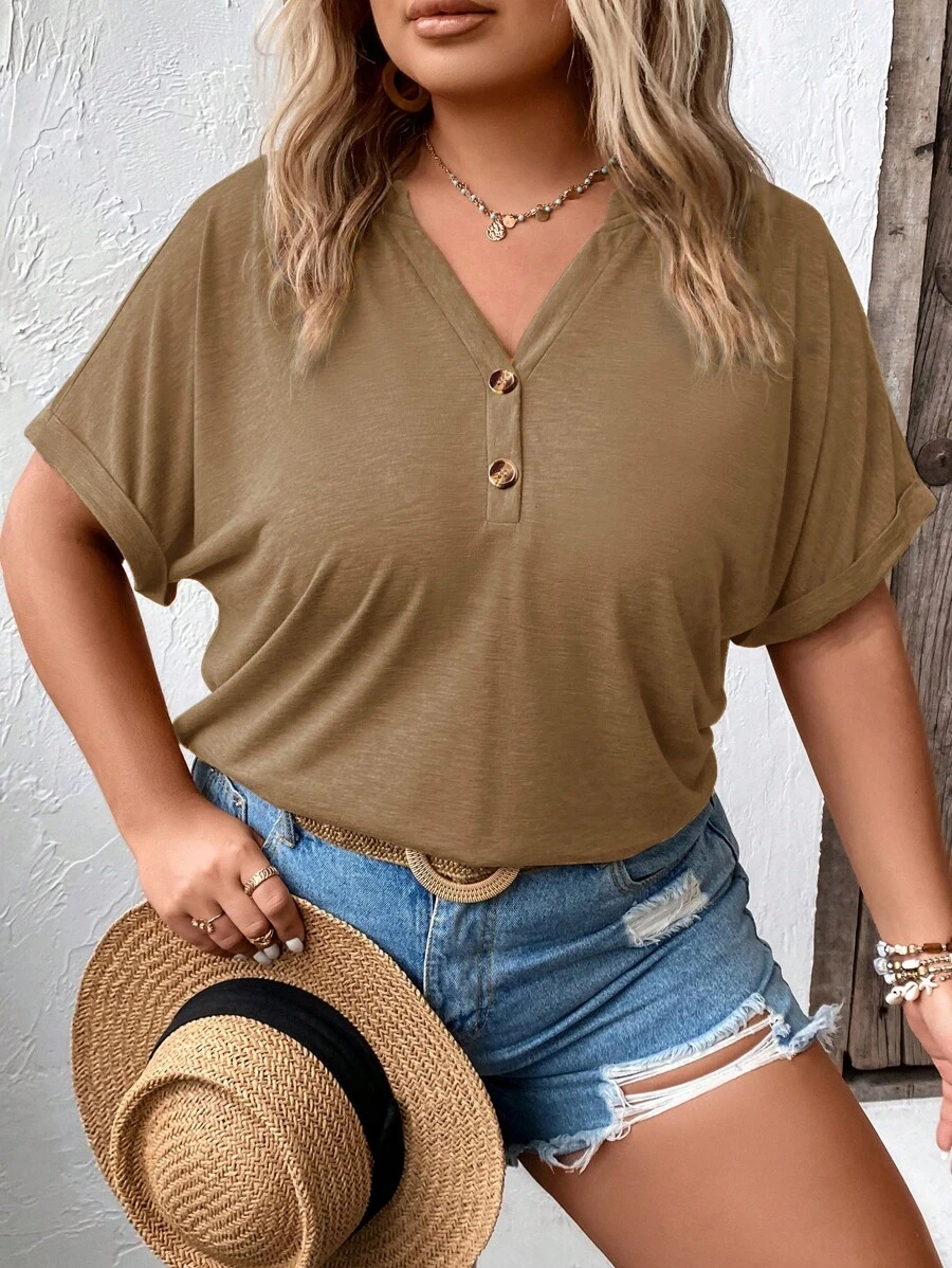 SHEIN LUNE Plus Half Button Batwing Sleeve Tee - Khaki - View 1
