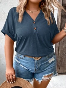 SHEIN LUNE Áo thun Plus size Nút Nút phía trước Nút giả màu trơn Giải trí - Màu xanh hải quân - Xem 3