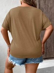 SHEIN LUNE Plus Half Button Batwing Sleeve Tee - Khaki - View 2