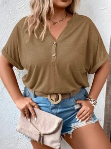 SHEIN LUNE Plus Half Button Batwing Sleeve Tee - Khaki - View 4