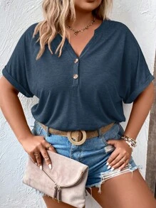 SHEIN LUNE Áo thun Plus size Nút Nút phía trước Nút giả màu trơn Giải trí - Màu xanh hải quân - Xem 7