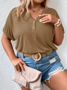 SHEIN LUNE Plus Half Button Batwing Sleeve Tee - Khaki - View 5