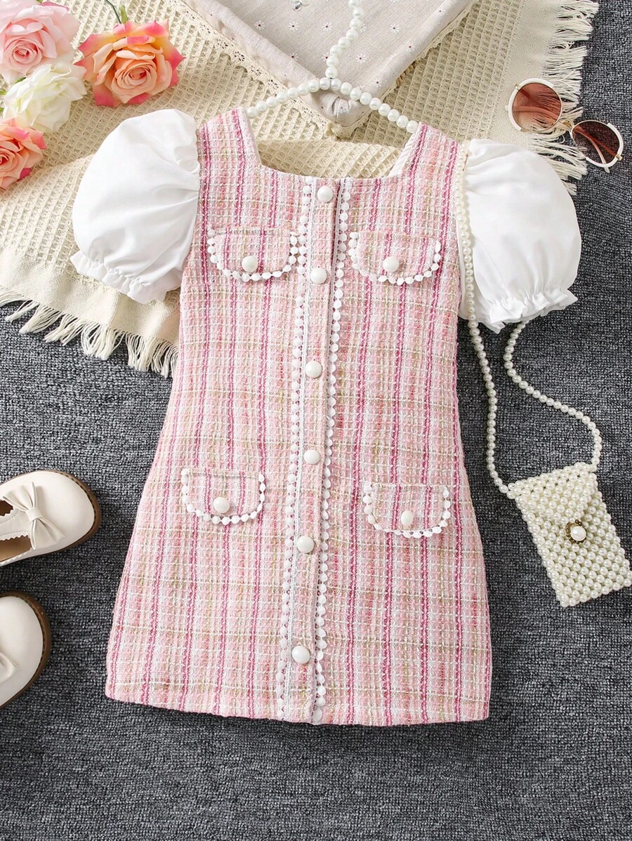 SHEIN 年輕女孩格紋印花泡泡袖連衣裙