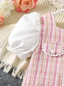 SHEIN 年輕女孩格紋印花泡泡袖連衣裙