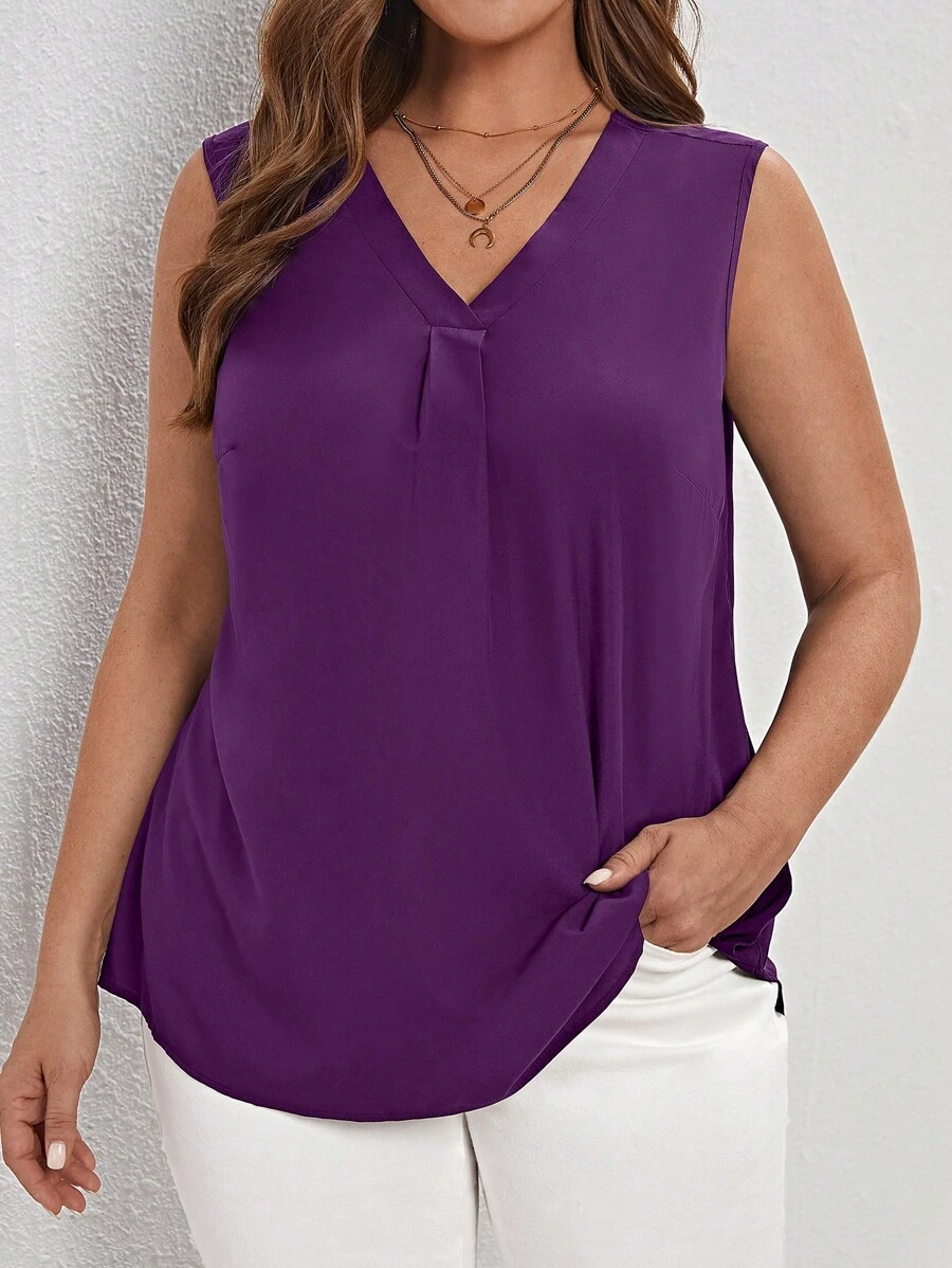 SHEIN LUNE Plus Solid V Neck Sleeveless Blouse - Purple - View 1