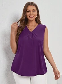 SHEIN LUNE Plus Solid V Neck Sleeveless Blouse - Purple - View 3