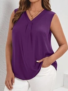 SHEIN LUNE Plus Solid V Neck Sleeveless Blouse - Purple - View 4