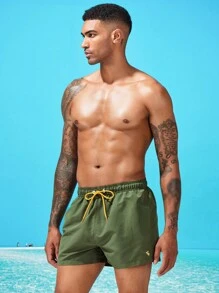 Horizaway Men Animal Embroidery Drawstring Waist Swim Trunks,Hawaiian - Army Green - View 3