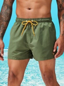 Horizaway Men Animal Embroidery Drawstring Waist Swim Trunks,Hawaiian - Army Green - View 5
