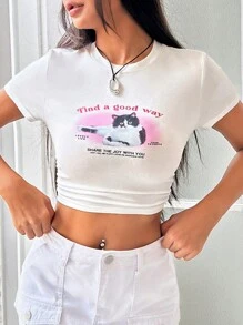 SHEIN Qutie 標語和貓圖案短款T恤 - 白色 - 查看 1