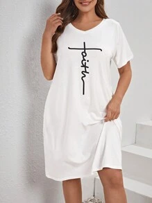 SHEIN LUNE Plus Letter Graphic Hidden Pocket Tee Dress - White - View 3