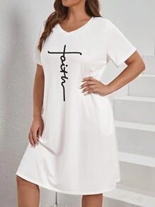 SHEIN LUNE Plus Letter Graphic Hidden Pocket Tee Dress - White - View 6