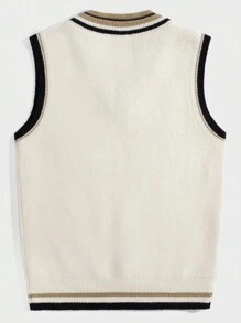 ROMWE MEN Prep Guys Letter Patched Striped Trim Cricket Sweater Vest - Beige - View 2