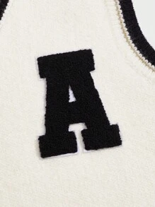 ROMWE MEN Prep Guys Letter Patched Striped Trim Cricket Sweater Vest - Beige - View 3