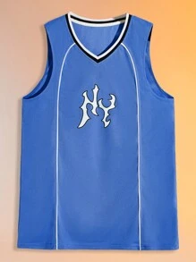 ROMWE MEN Street Life Guys Letter Graphic Contrast Piping Tank Top - Blue - View 1