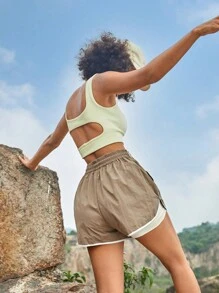 In My Nature Của phụ nữ Retro Khối màu Đàn hồi Dây thắt lưng Chống giật gân Ngoài trời Thể thao Đi bộ du lịch Quần short - Màu Khaki - Xem 6