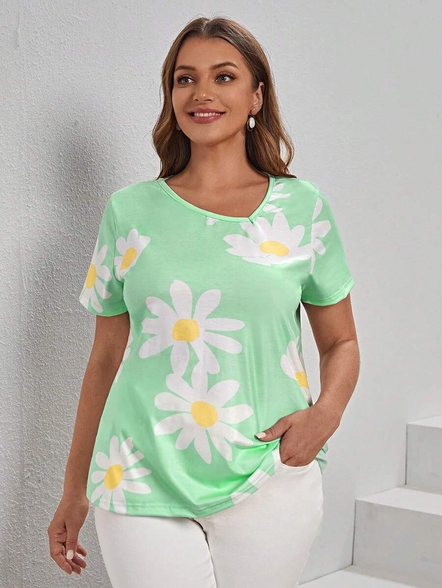 SHEIN LUNE 大碼印花T恤 - 青檸色 - 查看 1