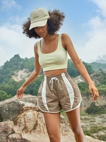 In My Nature Của phụ nữ Retro Khối màu Đàn hồi Dây thắt lưng Chống giật gân Ngoài trời Thể thao Đi bộ du lịch Quần short - Màu Khaki - Xem 4