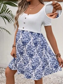 SHEIN Maternity Nursing Floral Print Button Detail Dress - Blue and White - View 1