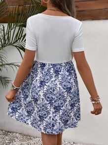 SHEIN Maternity Nursing Floral Print Button Detail Dress - Blue and White - View 2