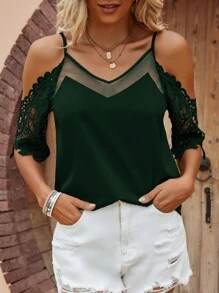 SHEIN LUNE Contrast Lace Cold Shoulder Blouse - Green - View 1