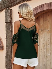 SHEIN LUNE Contrast Lace Cold Shoulder Blouse - Green - View 2