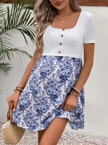 SHEIN Maternity Nursing Floral Print Button Detail Dress - Blue and White - View 3